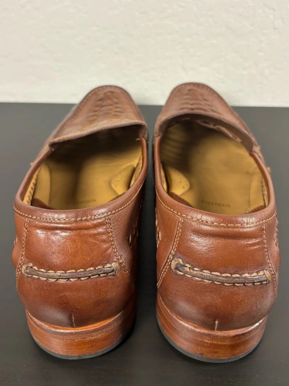 Johnston & Murphy Men's Woven Sheepskin Leather Slip-On Loafers Tan Brown